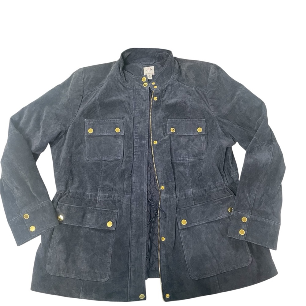 Isaac Mizrahi Live! Suede Zip Front Utility Jacket Navy XL